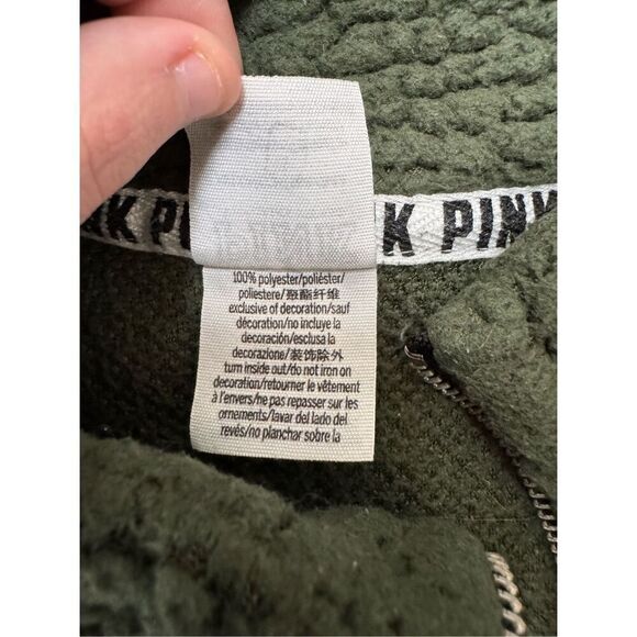 PINK Victoria’s Secret Dark Olive Green Sherpa 1/4 Zip Pullover Size X-Small - Picture 4 of 6